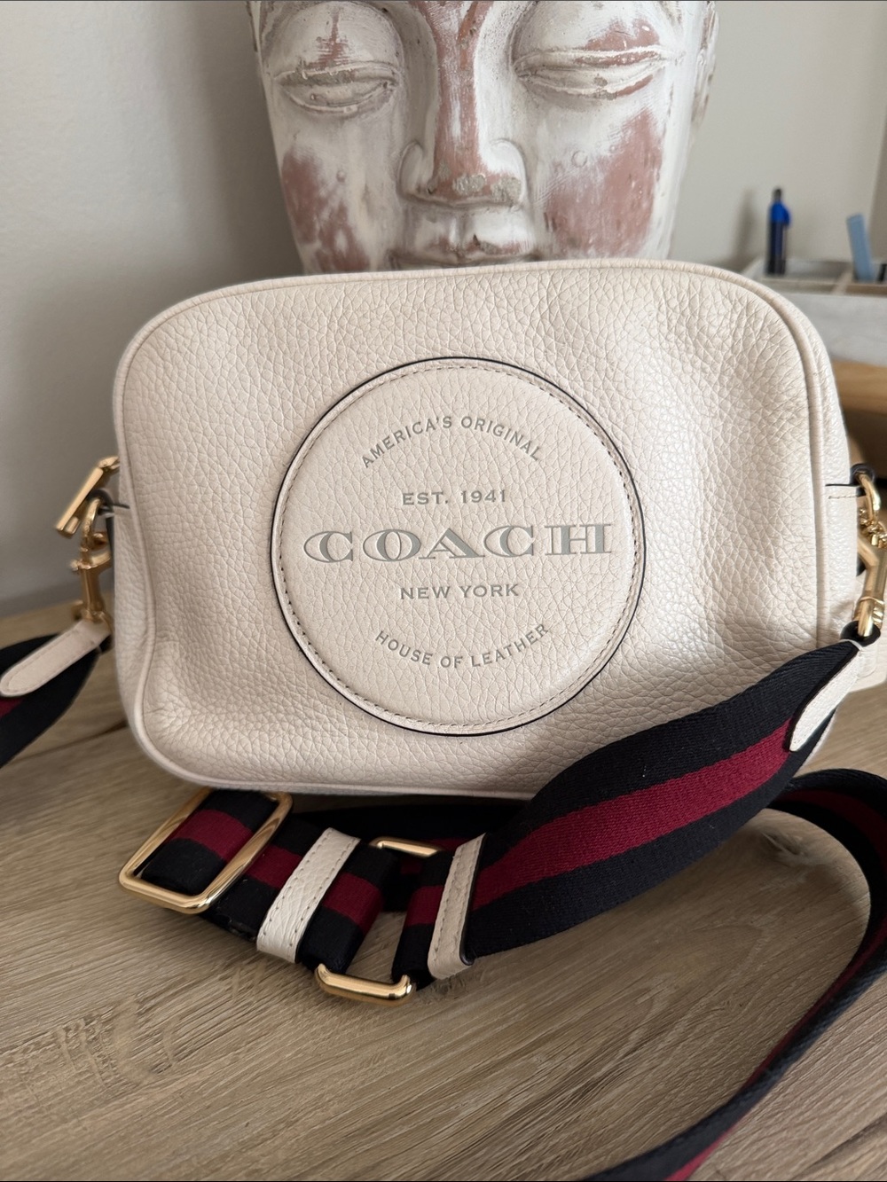 Coach Cream Pebble Leather Crossbody with Striped Web Strap